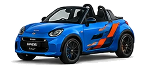 Smart Roadster in Electric Blue with orange, white and black pixel-style vinyl side graphics, front three-quarter view on a white background.