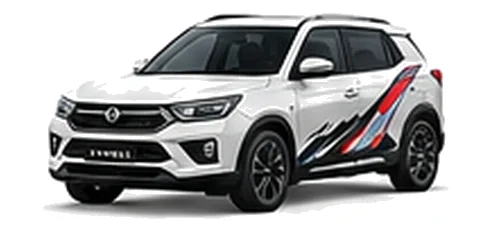 SsangYong Korando in Grand White with red, white and black angular vinyl side graphics, front three-quarter view on a white background.