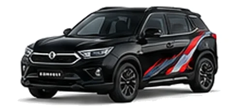 SsangYong Korando in Space Black with red, white and black angular vinyl side graphics, front three-quarter view on a white background.