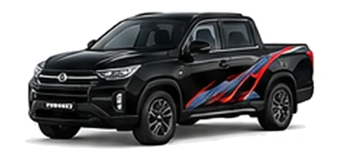 SsangYong Musso in Space Black with red, white and black angular vinyl side graphics, front three-quarter view on a white background.
