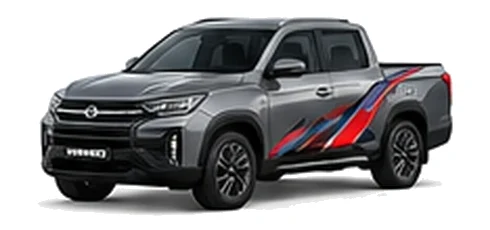 SsangYong Musso in Platinum Grey with red, white and black angular vinyl side graphics, front three-quarter view on a white background.