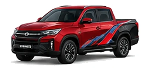 SsangYong Musso in Cherry Red with red, white and black angular vinyl side graphics, front three-quarter view on a white background.