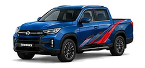 SsangYong Musso in Atlantic Blue with red, white and black angular vinyl side graphics, front three-quarter view on a white background.