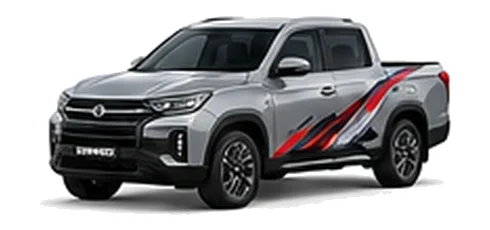 SsangYong Musso in Silent Silver with red, white and black angular vinyl side graphics, front three-quarter view on a white background.