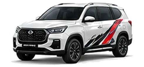 SsangYong Rexton in Grand White with red, white and black angular vinyl side graphics, front three-quarter view on a white background.