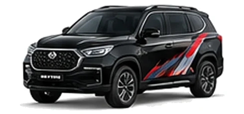 SsangYong Rexton in Space Black with red, white and black angular vinyl side graphics, front three-quarter view on a white background.