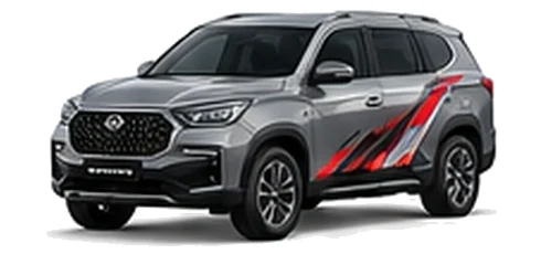 SsangYong Rexton in Platinum Grey with red, white and black angular vinyl side graphics, front three-quarter view on a white background.