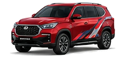 SsangYong Rexton in Cherry Red with red, white and black angular vinyl side graphics, front three-quarter view on a white background.