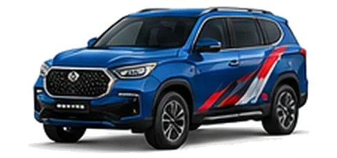 SsangYong Rexton in Atlantic Blue with red, white and black angular vinyl side graphics, front three-quarter view on a white background.