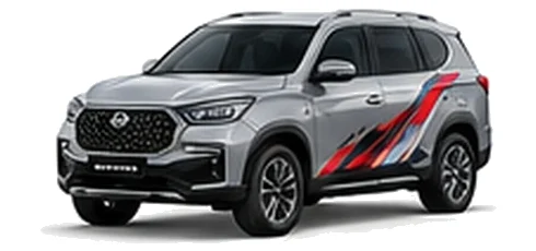 SsangYong Rexton in Silent Silver with red, white and black angular vinyl side graphics, front three-quarter view on a white background.