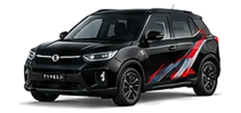 SsangYong Tivoli in Space Black with red, white and black angular vinyl side graphics, front three-quarter view on a white background.