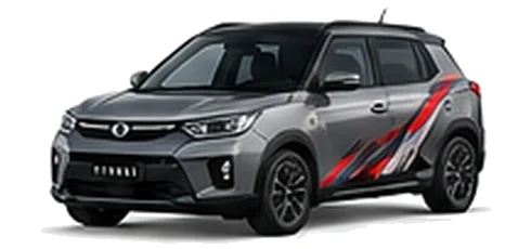 SsangYong Tivoli in Platinum Grey with red, white and black angular vinyl side graphics, front three-quarter view on a white background.