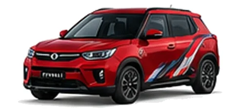 SsangYong Tivoli in Cherry Red with red, white and black angular vinyl side graphics, front three-quarter view on a white background.