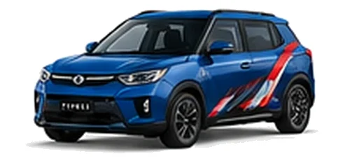 SsangYong Tivoli in Atlantic Blue with red, white and black angular vinyl side graphics, front three-quarter view on a white background.