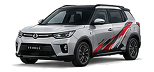 SsangYong Tivoli in Silent Silver with red, white and black angular vinyl side graphics, front three-quarter view on a white background.