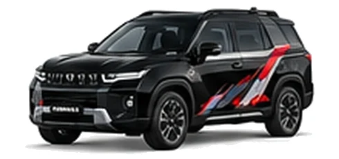 SsangYong Torres in Space Black with red, white and black angular vinyl side graphics, front three-quarter view on a white background.