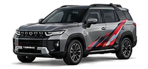 SsangYong Torres in Platinum Grey with red, white and black angular vinyl side graphics, front three-quarter view on a white background.
