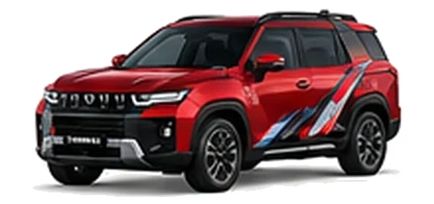 SsangYong Torres in Cherry Red with red, white and black angular vinyl side graphics, front three-quarter view on a white background.