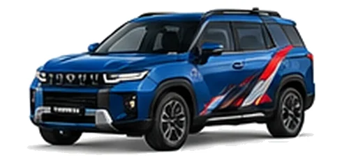 SsangYong Torres in Atlantic Blue with red, white and black angular vinyl side graphics, front three-quarter view on a white background.