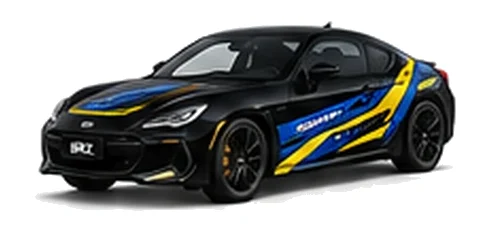 Subaru BRZ in Crystal Black Silica with blue and yellow rally-style vinyl side graphics, front three-quarter view on a white background.