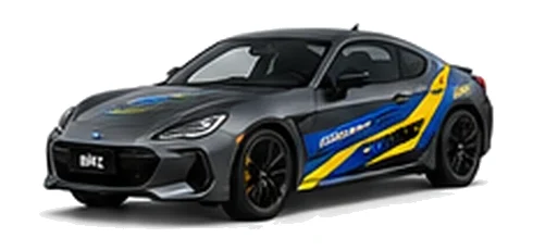Subaru BRZ in Magnetite Grey with blue and yellow rally-style vinyl side graphics, front three-quarter view on a white background.