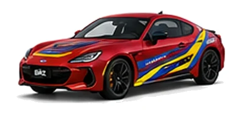 Subaru BRZ in Pure Red with blue and yellow rally-style vinyl side graphics, front three-quarter view on a white background.