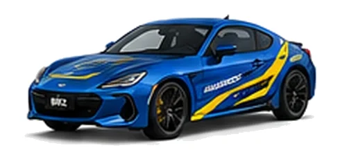 Subaru BRZ in WR Blue Pearl with blue and yellow rally-style vinyl side graphics, front three-quarter view on a white background.
