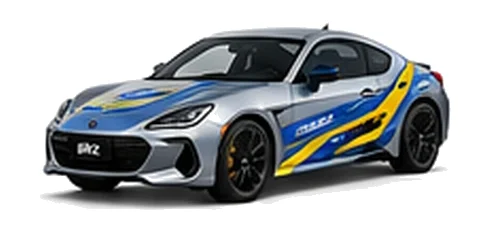 Subaru BRZ in Ice Silver Metallic with blue and yellow rally-style vinyl side graphics, front three-quarter view on a white background.