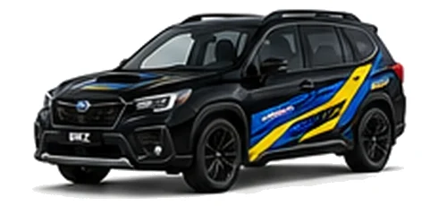 Subaru Forester in Crystal Black Silica with blue and yellow rally-style vinyl side graphics, front three-quarter view on a white background.