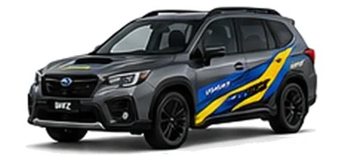 Subaru Forester in Magnetite Grey with blue and yellow rally-style vinyl side graphics, front three-quarter view on a white background.