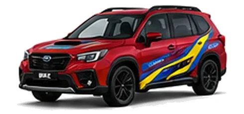 Subaru Forester in Pure Red with blue and yellow rally-style vinyl side graphics, front three-quarter view on a white background.