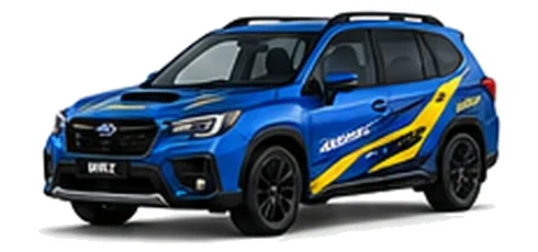Subaru Forester in WR Blue Pearl with blue and yellow rally-style vinyl side graphics, front three-quarter view on a white background.