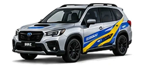 Subaru Forester in Ice Silver Metallic with blue and yellow rally-style vinyl side graphics, front three-quarter view on a white background.