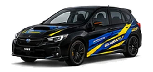 Subaru Impreza in Crystal Black Silica with blue and yellow rally-style vinyl side graphics, front three-quarter view on a white background.