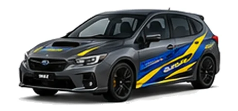 Subaru Impreza in Magnetite Grey with blue and yellow rally-style vinyl side graphics, front three-quarter view on a white background.