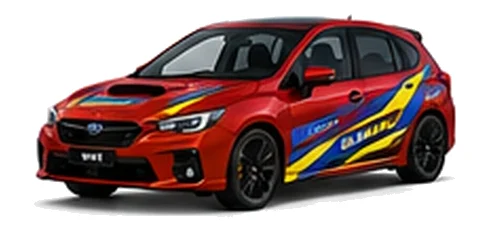 Subaru Impreza in Pure Red with blue and yellow rally-style vinyl side graphics, front three-quarter view on a white background.