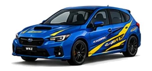 Subaru Impreza in WR Blue Pearl with blue and yellow rally-style vinyl side graphics, front three-quarter view on a white background.