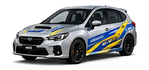 Subaru Impreza in Ice Silver Metallic with blue and yellow rally-style vinyl side graphics, front three-quarter view on a white background.