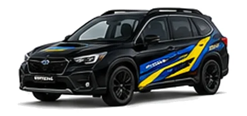 Subaru Outback in Crystal Black Silica with blue and yellow rally-style vinyl side graphics, front three-quarter view on a white background.