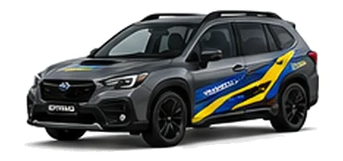 Subaru Outback in Magnetite Grey with blue and yellow rally-style vinyl side graphics, front three-quarter view on a white background.