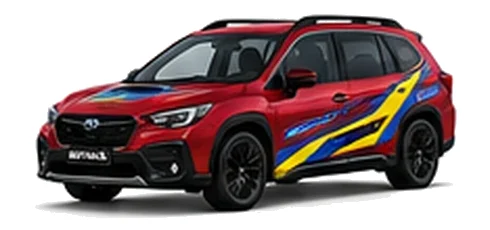 Subaru Outback in Pure Red with blue and yellow rally-style vinyl side graphics, front three-quarter view on a white background.