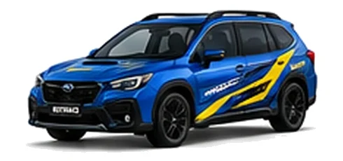 Subaru Outback in WR Blue Pearl with blue and yellow rally-style vinyl side graphics, front three-quarter view on a white background.