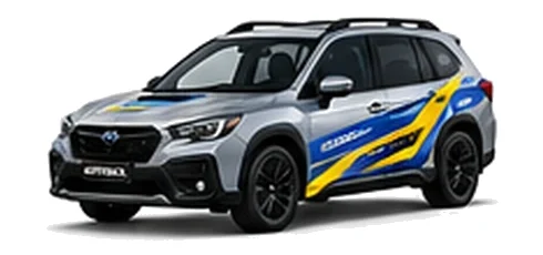 Subaru Outback in Ice Silver Metallic with blue and yellow rally-style vinyl side graphics, front three-quarter view on a white background.