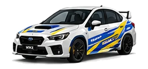 Subaru WRX in Crystal White Pearl with blue and yellow rally-style vinyl side graphics, front three-quarter view on a white background.