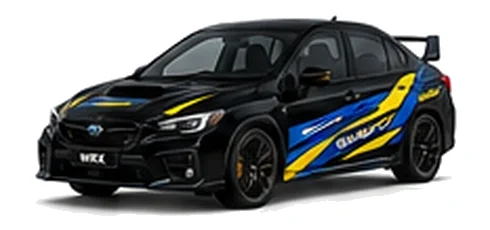 Subaru WRX in Crystal Black Silica with blue and yellow rally-style vinyl side graphics, front three-quarter view on a white background.