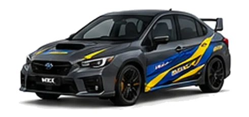 Subaru WRX in Magnetite Grey with blue and yellow rally-style vinyl side graphics, front three-quarter view on a white background.