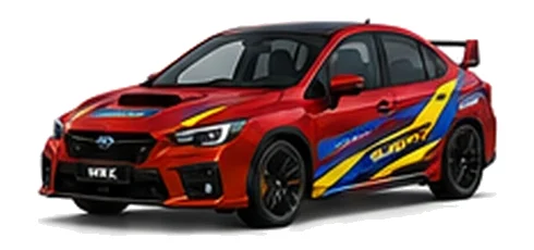 Subaru WRX in Pure Red with blue and yellow rally-style vinyl side graphics, front three-quarter view on a white background.