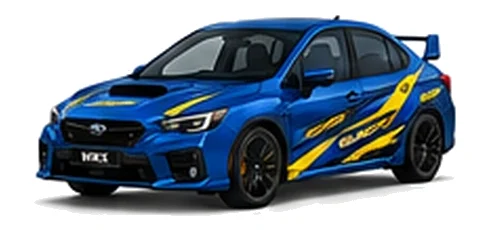 Subaru WRX in WR Blue Pearl with blue and yellow rally-style vinyl side graphics, front three-quarter view on a white background.