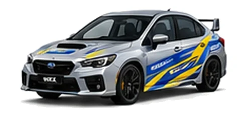 Subaru WRX in Ice Silver Metallic with blue and yellow rally-style vinyl side graphics, front three-quarter view on a white background.