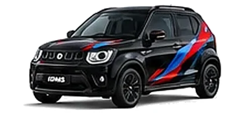 Suzuki Ignis in Super Black Pearl with red, blue and black geometric vinyl side graphics, front three-quarter view on a white background.